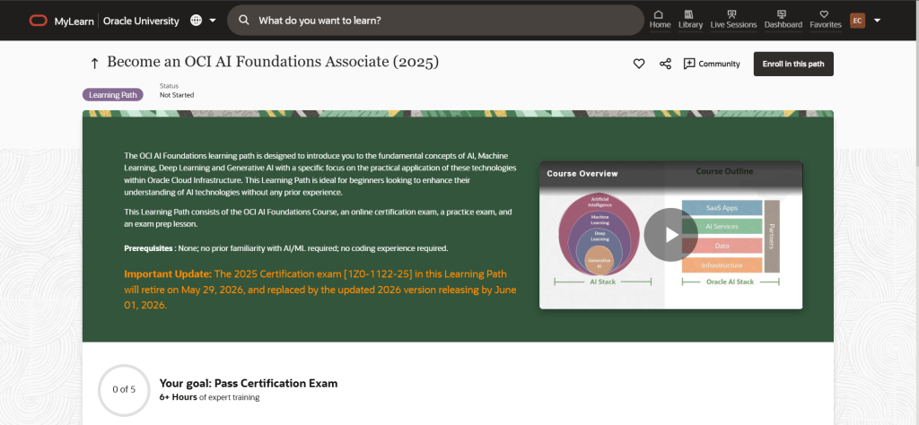 Trang web cho lộ trình học OCI AI Foundations Associate