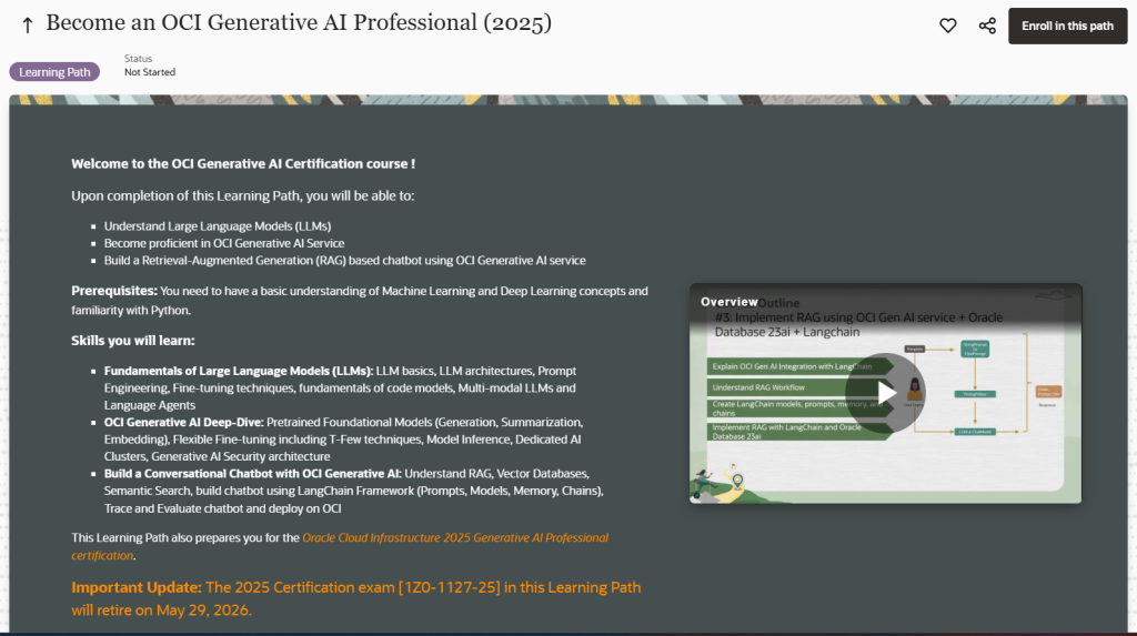 Trang web để học OCI Generative AI Professional 2025