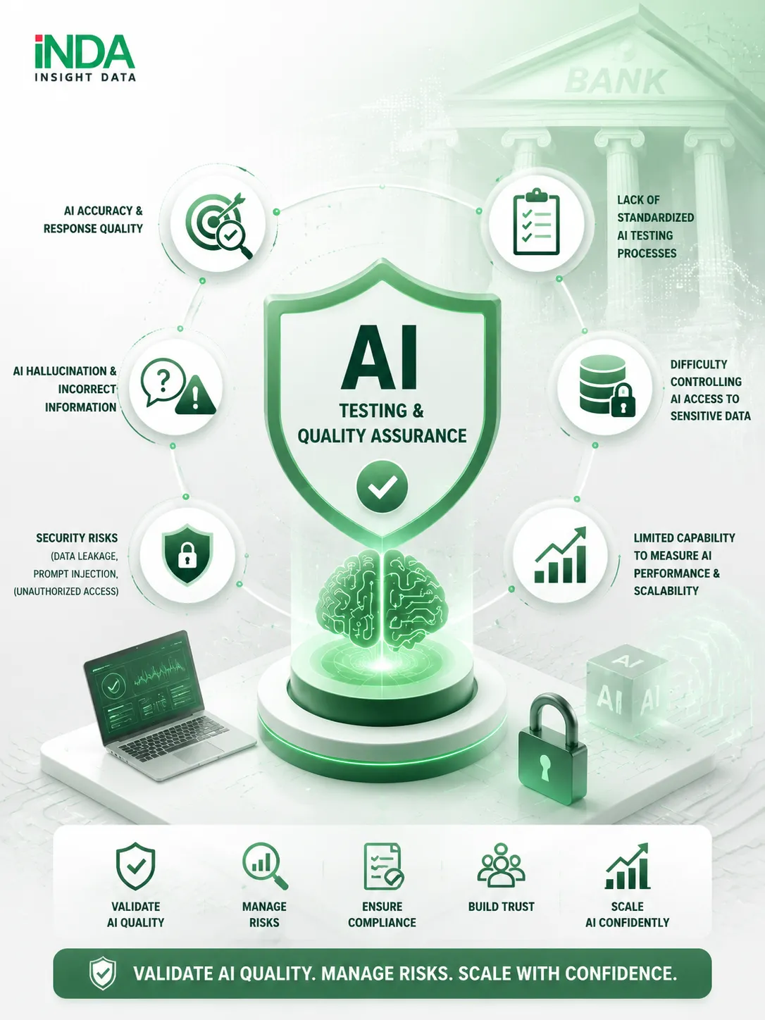 Challenges in Deploying AI in Banking As banks accelerate AI adoption, many organizations face challenges in ensuring AI systems are accurate, secure, and ready for production environments. Common challenges include: Difficulty evaluating AI accuracy and response quality: Banks often struggle to determine whether AI-generated responses are accurate, reliable, and aligned with business requirements before deployment. Risk of AI hallucination and incorrect information: Generative AI systems may generate inaccurate answers, unsupported conclusions, or responses that do not comply with banking processes. Security risks related to AI applications: AI systems may introduce risks such as Prompt Injection, Data Leakage, unauthorized data access, and exposure of sensitive customer information. Lack of standardized AI testing processes: Many organizations do not have clear testing frameworks or evaluation criteria before moving AI solutions into production. Difficulty controlling AI access to sensitive banking data: Banks need to ensure AI applications only access authorized information while maintaining strict data governance requirements. Limited capability to measure AI performance and scalability: Organizations need to evaluate whether AI systems can maintain stable performance when user volume, data complexity, and business requirements increase. AI Testing & Quality Assurance helps banks establish a structured approach to validate AI quality, manage risks, and confidently scale AI adoption.