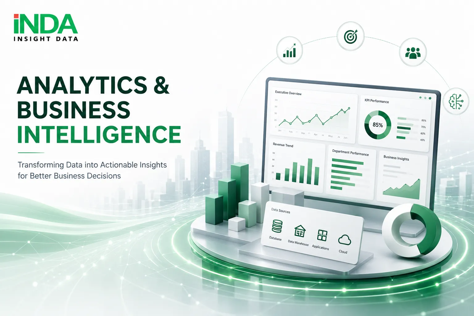 INDA provides Analytics and BI solutions to transform enterprise data into insights through dashboards, reporting, KPI management, and advanced analytics.