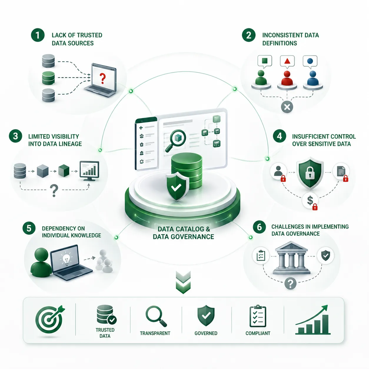 Challenges in Banking Data Governance Many banks face increasing challenges in managing and utilizing enterprise data due to: Lack of trusted data sources (Single Source of Truth): Banks often have multiple systems containing similar data, making it difficult to determine which source should be used for reporting and decision-making. Inconsistent data definitions across departments: Different business units may use different interpretations of the same data elements, resulting in inconsistent reports and analytics outcomes. Limited visibility into data lineage: Banks often struggle to trace how data moves from source systems through ETL processes to dashboards, reports, and analytical applications. Insufficient control over sensitive data: Customer information (PII), financial data, and confidential information require stronger classification, protection, and access control mechanisms. Dependency on individual knowledge: Data users often rely on specific employees’ experience to understand data meaning, location, and usage. Challenges in implementing Data Governance: Banks need structured governance frameworks to support auditing, compliance, and enterprise-wide data management. Data Catalog & Data Governance helps banks overcome these challenges by creating a transparent, governed, and trusted data ecosystem.