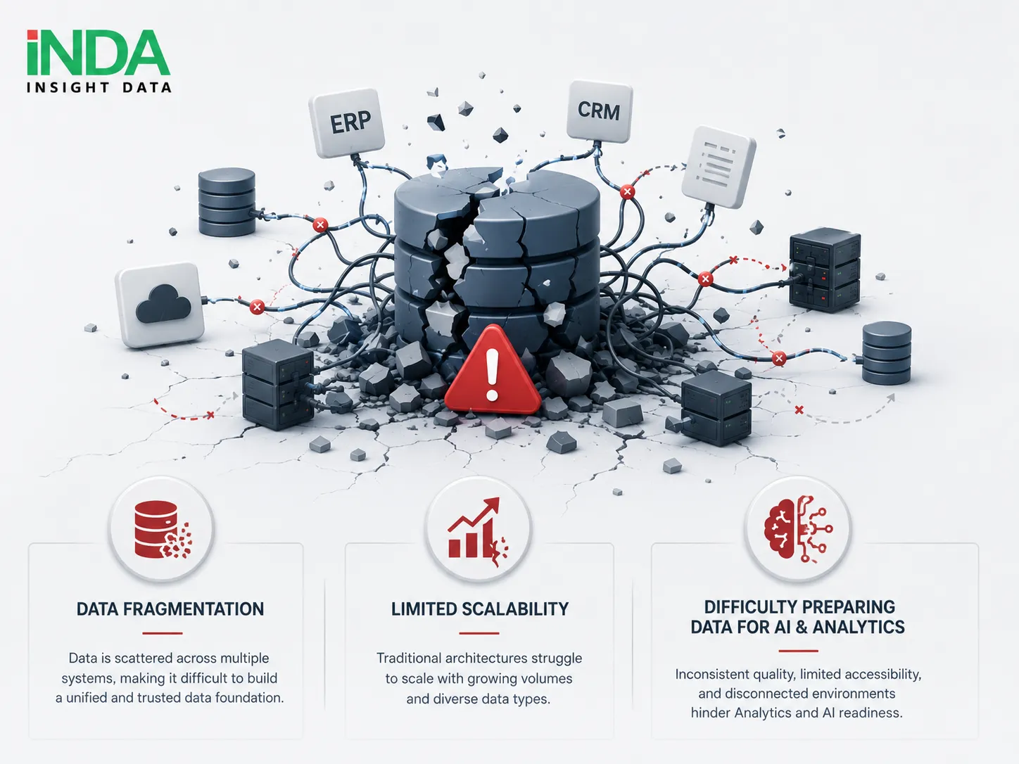 Challenges in Enterprise Data Management Fragmented Data Environments Limit Data-Driven Transformation As organizations collect data from multiple sources, managing and extracting value from data becomes increasingly complex. Common challenges include: Data fragmentation across multiple systems, making it difficult to create a unified and trusted data foundation. Limited scalability of traditional data architectures, especially when handling large volumes and diverse types of data. Difficulty preparing data for Analytics and AI, due to inconsistent data quality, limited accessibility, and disconnected data environments.