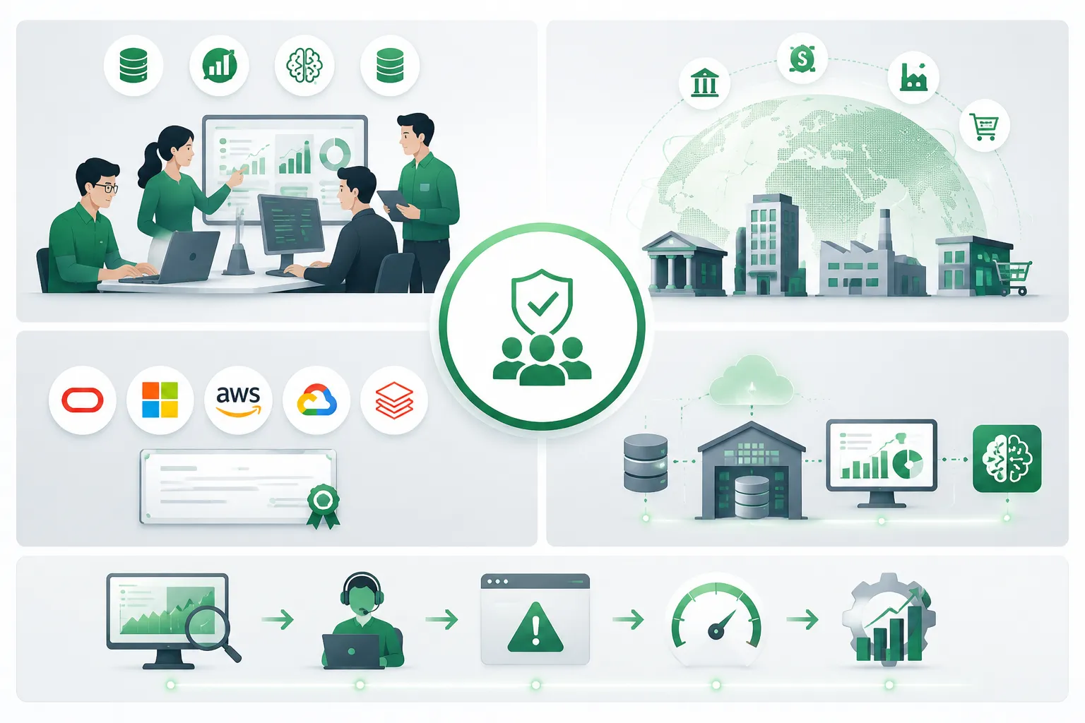 Technical Expertise INDA provides experienced technology specialists with practical expertise in consulting, implementing, and operating enterprise technology platforms. ✔ Experienced Data, BI, AI, and Database specialists with hands-on experience managing critical enterprise systems. ✔ Proven experience supporting organizations across banking, financial services, manufacturing, and retail industries with high requirements for reliability, security, and scalability. ✔ Technology certifications from leading providers including Oracle, Microsoft, AWS, Google Cloud, and modern data platforms. ✔ Deep understanding of enterprise technology ecosystems, including Data Platforms, Data Warehouse, Business Intelligence, AI, Cloud, and Database systems. ✔ Professional Managed Services processes with SLA-based support, including monitoring, incident management, performance optimization, and continuous improvement.