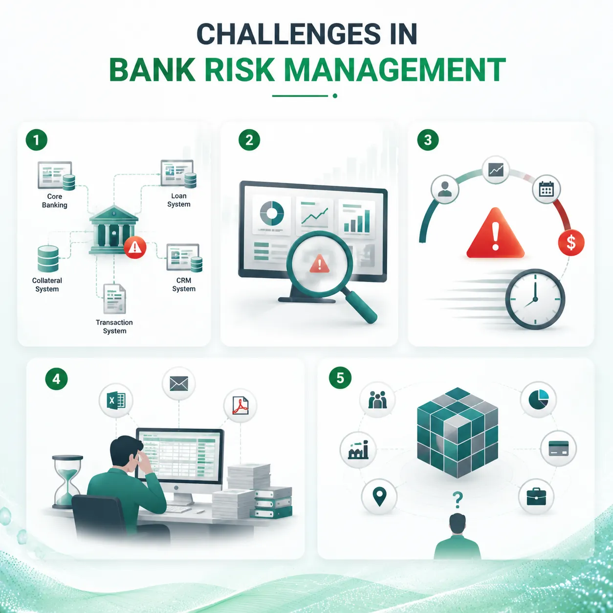 Many banks face difficulties in managing and analyzing risk due to limitations in data availability, analytics capabilities, and operational processes. Common challenges include: Risk data is fragmented across multiple banking systems: Customer information, loan data, collateral data, and transaction records are stored separately, making it difficult to build a complete risk view. Limited visibility into credit portfolio quality: Risk teams often lack near real-time monitoring capabilities to identify deteriorating loan quality or emerging risk trends. Delayed risk identification and response: Without effective early warning mechanisms, potential credit risks are often detected only after problems have already occurred. Heavy dependency on manual reporting processes: Risk analysis and reporting require significant time for data consolidation, reducing the speed of decision-making. Difficulty analyzing risk drivers from multiple perspectives: Banks need deeper insights across customer segments, industries, regions, products, and portfolio characteristics to understand risk impacts. Risk Analytics Platform helps banks overcome these challenges by creating a unified risk analytics foundation and enabling proactive risk management.
