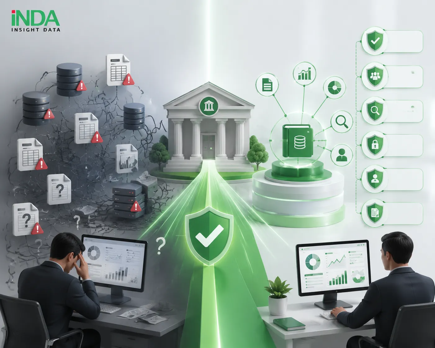 Thách thức của ngân hàng Nhiều ngân hàng hiện nay đang gặp phải các vấn đề trong công tác quản trị dữ liệu như: Khó xác định nguồn dữ liệu chính thức phục vụ báo cáo và phân tích. Thiếu khả năng truy vết luồng dữ liệu từ hệ thống nguồn đến dashboard và báo cáo. Metadata, business glossary và tài liệu dữ liệu phân tán, khó quản lý. Chưa phân loại và kiểm soát hiệu quả dữ liệu nhạy cảm (PII, Confidential Data). Phụ thuộc vào kiến thức của từng cá nhân khi khai thác dữ liệu. Khó đáp ứng các yêu cầu về Data Governance, kiểm toán và tuân thủ.