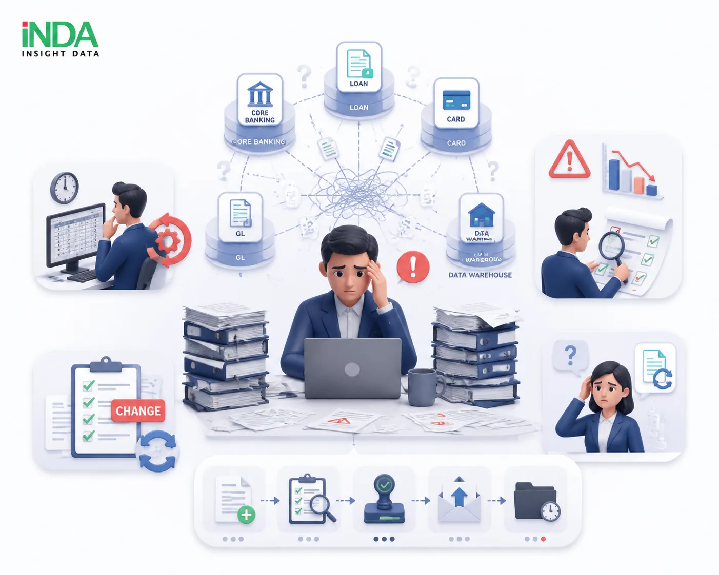 Thách thức của ngân hàng Các ngân hàng hiện nay thường gặp phải những khó khăn trong công tác lập báo cáo và tuân thủ như: Dữ liệu báo cáo phân tán trên nhiều hệ thống nghiệp vụ. Quy trình tổng hợp và lập báo cáo còn thực hiện thủ công, mất nhiều thời gian. Khó kiểm soát chất lượng và tính nhất quán của dữ liệu báo cáo. Biểu mẫu và yêu cầu báo cáo thường xuyên thay đổi theo quy định của cơ quan quản lý. Thiếu công cụ theo dõi trạng thái lập, phê duyệt và gửi báo cáo.