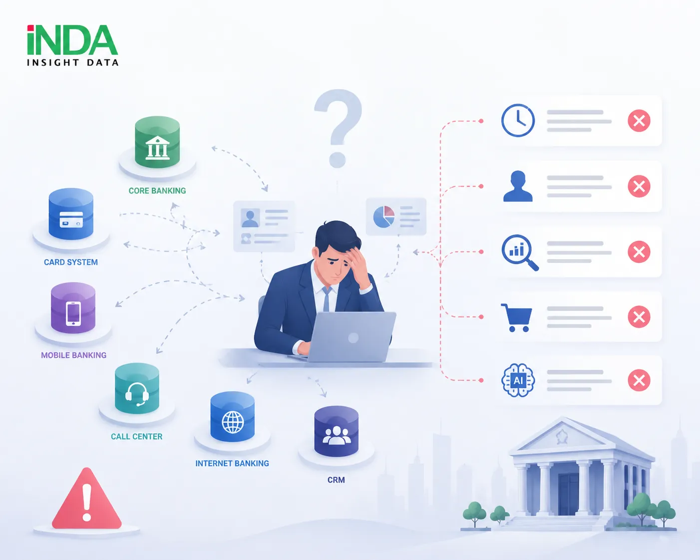 Thách thức của ngân hàng Nhiều ngân hàng hiện nay đang gặp phải các thách thức trong việc quản lý và khai thác dữ liệu khách hàng như: Dữ liệu khách hàng phân tán trên nhiều hệ thống nghiệp vụ. Thiếu góc nhìn thống nhất về khách hàng trên toàn tổ chức. Khó phân tích hành vi, nhu cầu và giá trị của từng khách hàng. Hạn chế trong việc cá nhân hóa dịch vụ và tăng hiệu quả bán chéo, bán thêm. Thiếu nền tảng dữ liệu phục vụ CRM, Analytics và AI.