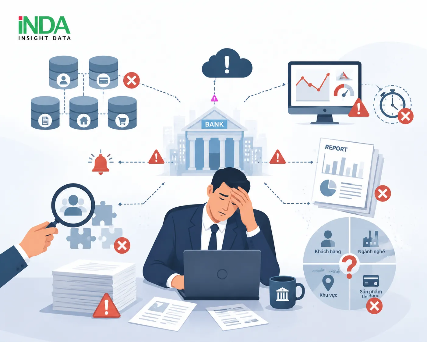Thách thức của ngân hàng Nhiều ngân hàng hiện nay đang gặp phải những khó khăn trong công tác quản trị rủi ro như: Dữ liệu rủi ro phân tán trên nhiều hệ thống nghiệp vụ. Khó theo dõi chất lượng danh mục tín dụng theo thời gian thực. Chưa phát hiện sớm các khoản vay hoặc khách hàng có dấu hiệu suy giảm chất lượng. Thiếu các dashboard và cảnh báo trực quan phục vụ quản trị rủi ro. Việc phân tích và ra quyết định vẫn phụ thuộc nhiều vào báo cáo thủ công.