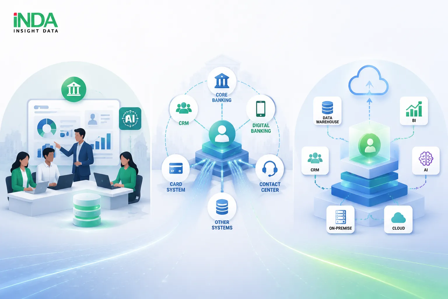 Vì sao lựa chọn INDA? 1. Chuyên môn sâu về Data & AI trong lĩnh vực Ngân hàng INDA sở hữu đội ngũ chuyên gia nhiều năm kinh nghiệm về Data Platform, Customer Analytics, Data Governance và AI, giúp ngân hàng xây dựng nền tảng Customer 360 hiện đại và khai thác hiệu quả dữ liệu khách hàng. 2. Kết nối toàn diện và xây dựng góc nhìn khách hàng thống nhất Giải pháp tích hợp dữ liệu từ Core Banking, CRM, Digital Banking, Contact Center cùng các hệ thống nghiệp vụ khác để hình thành hồ sơ khách hàng 360°, hỗ trợ phân tích hành vi, cá nhân hóa dịch vụ và nâng cao trải nghiệm khách hàng. 3. Kiến trúc mở, sẵn sàng cho AI và mở rộng trong tương lai Customer 360 được thiết kế theo kiến trúc mở, dễ dàng tích hợp với Data Warehouse, BI và AI, đồng thời hỗ trợ triển khai trên On-Premise hoặc các nền tảng Cloud như Oracle Cloud, AWS, Microsoft Azure và Google Cloud, giúp ngân hàng tối ưu đầu tư và sẵn sàng mở rộng theo nhu cầu phát triển.